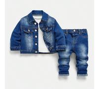 Set da 2 pezzi per bimbo/bambino piccolo: giacca di jeans kaki con colletto, maniche lunghe, effetto vissuto e jeans skinny a vita alta con polsini, comodo e versatile per outfit casual e da strada de