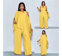Set da 2 pezzi per donna taglie forti giallo senape, top asimmetrico con scialle & tuta a gamba larga con vita elastica e scollo a V profondo, outfit elegante per invitata a matrimonio, autunno 0XL,1X