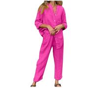 Set da 2 pezzi per donne che escono a maniche lunghe, camicie e pantaloni con bottoni, taglie forti, in cotone e lino, abbigliamento da salotto taglia UK, 02 fucsia, 3XL