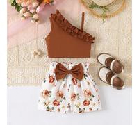 Set da 2 pezzi per giovani ragazze, composto da canotta con volant e pantaloncini con stampa di girasoli e fiocco 6Y,7Y,8Y,4Y,5Y,2-3YPiantePoliestere,Tessuto in maglia