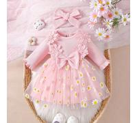 Set da 2 pezzi per neonata composto da vestito in rete con ricamo floreale tridimensionale e fiocco, a righe bianche e nere, e fascia per la testa, elegante e adatto per servizi fotografici all'aperto