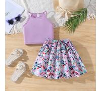 Set da 2 pezzi per ragazza composto da un corpetto lavorato a maglia e una gonna stampata, adatto per uso quotidiano, uscite, che mostra uno stile attivo e carino 6Y,7Y,4Y,5YFloreale,PiantePoliestere