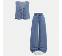 Set da 2 pezzi per ragazze adolescenti, composto da cardigan smanicato in jeans blu e pantaloni larghi in vita bassa, adatto per primavera ed estate, casual, vacanze, stile boho country, spiaggia, sti