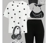 Set da 2 pezzi per ragazze adolescenti, composto da maglietta a maniche corte larga con stampa floreale minimalista in bianco e nero e leggings, adatto per l'estate 14Y,13Y,16Y,15YTessuto