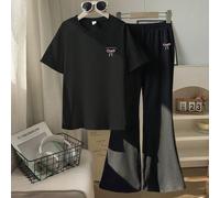 Set da 2 pezzi per ragazze adolescenti composto da una maglietta a maniche corte con scollo rotondo e stampa farfalla con il testo "Trova la pace interiore", e leggings in maglia nera 14Y,13Y,16Y,15YA