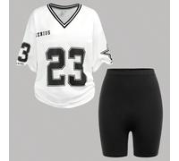Set da 2 pezzi per ragazze adolescenti: Maglia da basket con numeri e lettere stampati bianchi + Leggings neri a vita alta skinny per allenamento, outfit casual da strada 14Y,12Y,13Y,16Y,15YGrafico,Le