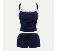 Set da 2 pezzi per ragazze adolescenti, primavera ed estate, Capodanno, San Valentino, look "Clean Girl", top canotta senza maniche e shorts blu navy, stile casual monocromatico per vacanze estive, co