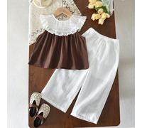 Set da 2 pezzi per ragazze di 3-7 anni, comprendente una maglietta marrone con colletto in pizzo e pantaloni bianchi traforati e ricamati, adatto per l'estate 6Y,7Y,4Y,5Y,2-3YBlocchi di coloreMiscele 