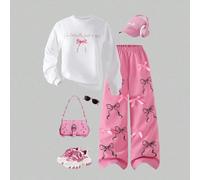 Set da 2 pezzi per ragazze di 8-12 anni, composto da una felpa girocollo bianca casual e carina con stampa di lettere rosa e fiocco, abbinata a pantaloni rosa con coulisse in vita 8Y,9Y,10Y,11Y,12YGra