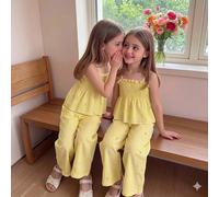 Set da 2 pezzi per ragazze giovani, canotta con stampa limone, pantaloni a gamba larga, design a righe gialle e bianche con volant, bordo arricciato, arricciatura, dolce e carino, ritorno a scuola 6Y,
