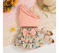 Set da 2 pezzi per ragazze giovani composto da top canotta con volant e pantaloncini con stampa di girasoli e fiocco 6Y,7Y,8Y,4Y,5Y,2-3YPiantePoliestere,Tessuto in maglia