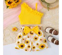Set da 2 pezzi per ragazze giovani composto da top canotta senza maniche con bordo a volant + pantaloncini con stampa di girasoli e fiocco decorativo 6Y,7Y,8Y,4Y,5Y,2-3YFlorealePoliestere,Tessuto in m