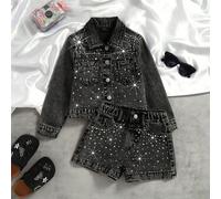 Set da 2 pezzi per ragazze giovani, stile urbano Y2K, giacca ampia in denim nero lucido e pantaloncini, autunno/inverno, per Ognissanti e il ritorno a scuola 6Y,7Y,4Y,5Ystampa dappertuttoDenim