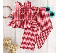 Set da 2 pezzi per ragazze giovani, top attillato casual con collo a giro e pantaloni casual larghi a quadri 6Y,7Y,4Y,5YGeometrico,Vichy,Thiuz,quadriTessuto intrecciato