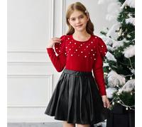 Set da 2 pezzi per ragazze pre-adolescenti, composto da maglietta a collo alto con perle e maniche a gigot, e gonna plissettata in PU. Elegante per il ritorno a scuola e per feste di Natale 8Y,9Y,10Y,