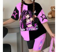 Set da 2 pezzi per ragazze pre-adolescenti, composto da t-shirt a maniche corte e pantaloncini, con stampa grafica di ragazze cartoni animati, motivo numerico 67, "Fun Six&Seven", K-Pop Superstars, in