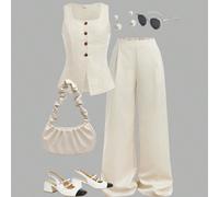 Set da 2 pezzi per ragazze pre-adolescenti, composto da top senza maniche con colletto a bottoni e righe colorate, e pantaloni a gamba dritta, look casual ed elegante per il pendolarismo e lo stile di