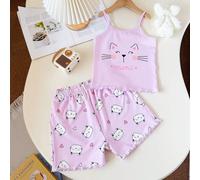 Set da 2 pezzi per ragazze pre-adolescenti, con canotta rosa stampata con gatto e pantaloncini vita media, adatto per primavera, estate e autunno 8Y,9Y,10Y,11Y,12YAnimale,Fumetto,Geometrico,LetterePol