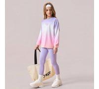 Set da 2 pezzi per ragazze pre-adolescenti: maglietta a maniche lunghe viola + leggings, casual oversize, yoga, sport, corsa, allenamento, elastico, stile campus e street fashion, autunno, scuola 8Y,9