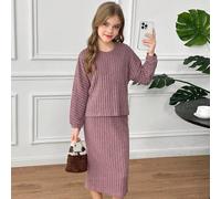 Set da 2 pezzi per ragazze pre-adolescenti SHEIN, top corto a maniche a pipistrello in maglia a costine e gonna di media lunghezza, per uso casual quotidiano, adatto per autunno/inverno, occasioni cas