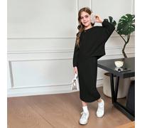 Set da 2 pezzi per ragazze pre-adolescenti SHEIN, top corto a maniche a pipistrello in maglia a costine e gonna di media lunghezza, per uso casual quotidiano, adatto per autunno e inverno, per occasio