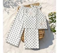 Set da 2 pezzi per ragazze, stile vintage francese delicato e raffinato, a pois bianchi, con scollo all'americana senza maniche che espone spalle e scollo, fresco ed elegante; scollo rotondo con cintu
