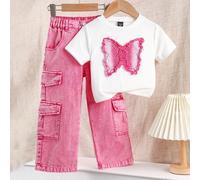Set da 2 pezzi per ragazze: T-shirt bianca casual aderente a girocollo con maniche corte e design applique farfalla carino, jeans di jeans rosa casual e ampi con tasche multiple, indumento versatile e