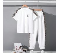 Set da 2 pezzi per ragazzi adolescenti, composto da maglietta a maniche corte con collo tondo e pantaloni ampi in felpa, con motivo a puzzle sui lati, adatto per pendolarismo, scuola, uso quotidiano, 