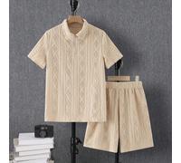 Set da 2 pezzi per ragazzi adolescenti, composto da polo a maniche corte con colletto e chiusura lampo in tessuto morbido e pantaloncini, stile casual per attività all'aperto, street photography, fest