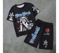 Set da 2 pezzi per ragazzi adolescenti: maglietta a maniche corte con scollo tondo casual minimalista + pantaloni, maglietta con tema della Statua della Libertà per l'estate, maglietta grafica in stil