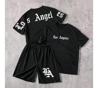 Set da 2 pezzi per ragazzi adolescenti, stile di strada con stampa a lettere, maglietta casual a maniche corte e pantaloncini, adatto per primavera/estate, attività all'aperto, feste 14Y,12Y,13Y,16Y,1