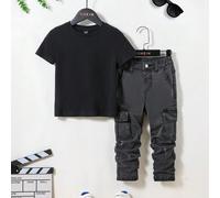 Set da 2 pezzi per ragazzi, composto da Maglietta nera e jeans skinny grigi consumati e strappati con tasche cargo, adatto a primavera ed estate per outfit ragazzo 6Y,7Y,4Y,5YColore unicoCotone,Denim