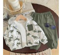Set da 2 pezzi per ragazzi giovani, giacca leggera con cappuccio a contrasto nero & bianco con motivo a dinosauri cartoni animati e pantaloni lunghi tinta unita, adatto per viaggi all'aperto e uscite,
