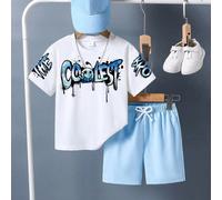 Set da 2 pezzi per ragazzi giovani "The Booest Bro" Graffiti Face Print Neck Round Short Slehir Bianco maglietta e Blu 6Y,7Y,4Y,5YFumetto,Grafico,LetterePoliestere