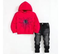 Set da 2 pezzi per ragazzi, look jeans cool da strada, felpa rossa con grafica ragno, jeans neri skinny strappati e elasticizzati, outfit per ragazzi per autunno/inverno 6Y,7Y,4Y,5YBlocchi di colore,G