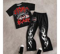 Set da 2 pezzi per ragazzo adolescente con maglietta nera con stampa di personaggi dei cartoni animati cool, pantaloni a zampa con stampa di grandi occhi e fiamme, musica rock, top estivi, outfit per 