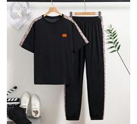 Set da 2 pezzi per ragazzo adolescente, nuovo stile casual vintage con orso floreale, stile sportivo vintage americano, color block, comodo e alla moda, girocollo, maniche corte, maglietta e pantaloni