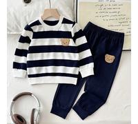 Set da 2 pezzi per ragazzo giovane, felpa girocollo in maglia comoda a maniche lunghe con ricamo a forma di orso, stile casual versatile e minimalista, abbinata a pantaloni lunghi blu navy con vita el