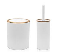 Set da 2 Pezzi Porta scopino e Pattumiera 5lt, in plastica Bianco, con Dettagli Effetto Legno, Serie Blob