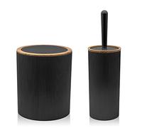 Set da 2 Pezzi Porta scopino e Pattumiera 5lt, in plastica Nero, con Dettagli Effetto Legno, Serie Blob