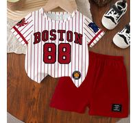 Set da 2 pezzi primavera ed estate: Completo casual per bambini maschi con maglietta a maniche corte e pantaloncini, con stampa numerica 92, stemma di Boston, pentagramma, righe rosse e slogan grafico
