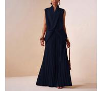 Set da 2 pezzi Primavera/Estate elegante da pendolare e vacanza, top senza maniche blu navy con scollo a V e incrocio + pantaloni a gamba ampia plissettati, adatto per appuntamenti, cene e ufficio L,M
