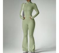 Set da 2 pezzi pronto per la strada, vita con controllo addominale + maniche con foro per il pollice, adatto da palestra a strada, con chiusura lampo anteriore ispirata al corsetto, pantaloni a zampa 