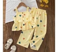Set da 2 pezzi stile europeo e americano per ragazze giovani, top canotta con stampa a cuore + pantaloni lunghi a gamba larga, tessuto in cotone a bolle strutturato, delicato sulla pelle, dolce e cari