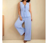 Set da 2 pezzi stile francese taglie forti blu & bianco a righe, canotta senza maniche con scollo a V e doppio laccio, pantaloni a gamba larga con vita elastica, outfit stratificato con texture per ca