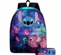 Set da 2 pezzi Stitch, zaino scolastico 3D con stampa completa del personaggio Stitch, astuccio per matite, grande capacità, zaino scolastico, borsa da viaggio, borsa per il trucco, organizer per cosm