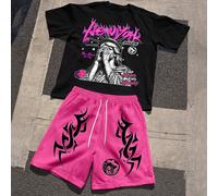 Set da 2 pezzi streetwear estivo da uomo, nero e rosa per city break, maglietta oversize con grafica Statua della Libertà e pantaloncini con coulisse, outfit hip hop Y2K L,M,S,XL,XXLRitratto,Grafico,L