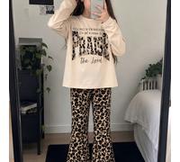 Set da 2 pezzi vintage americano per ragazze, top a maniche lunghe color albicocca abbinato a pantaloni a zampa di leopardo, con stampa "FINCHE RESPIRO HO UN MOTIVO PER LODARE IL SIGNORE" sul petto, c