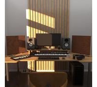 Set da 2 trappole acustiche per bassi con lampada da tavolo e illuminazione LED RGB | 50x50x10cm | Supporto acustico mobile da tavolo per studi podcast e sala giochi | [UNIVERSE-10 | Noce]