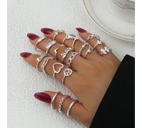 Set da 20 pezzi Anelli alla moda con decorazioni a forma di cuore e lettera per donna per decorazione quotidiana, San Valentino, Mamma, Madre, Festa della Mamma, Regalo Tagli UnicaLega di zinco